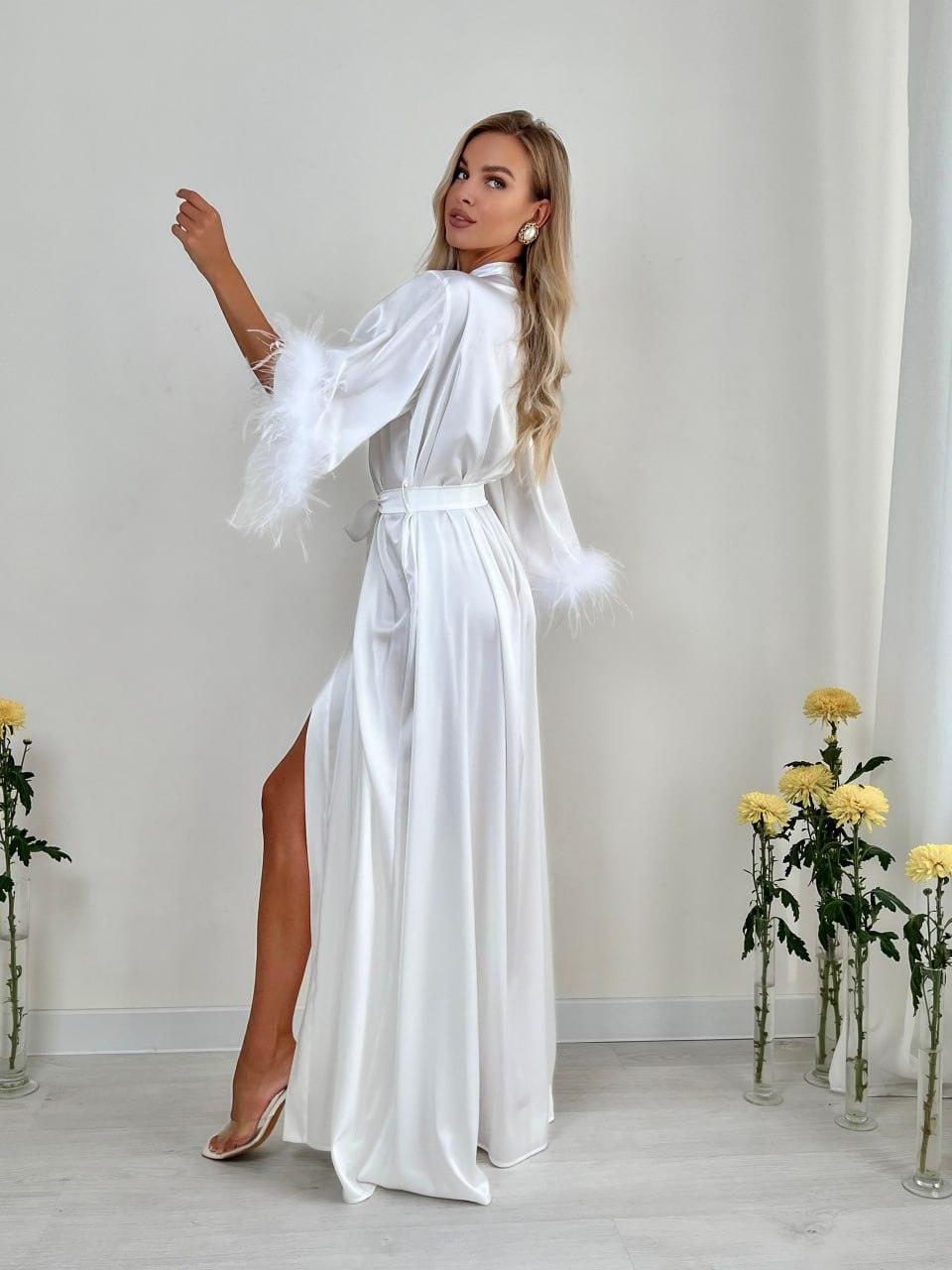 White bridal robe with feathers