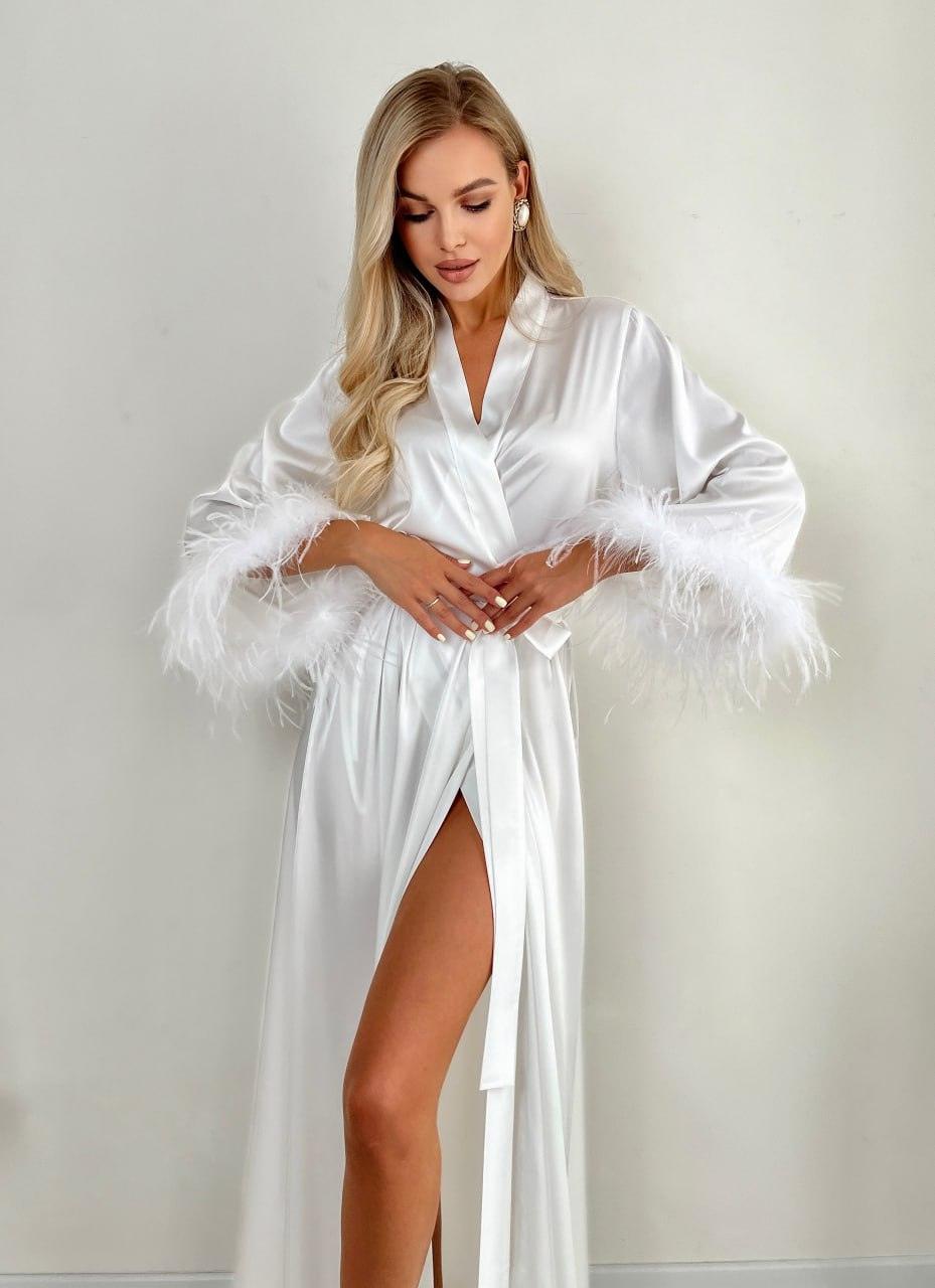White bridal robe with feathers