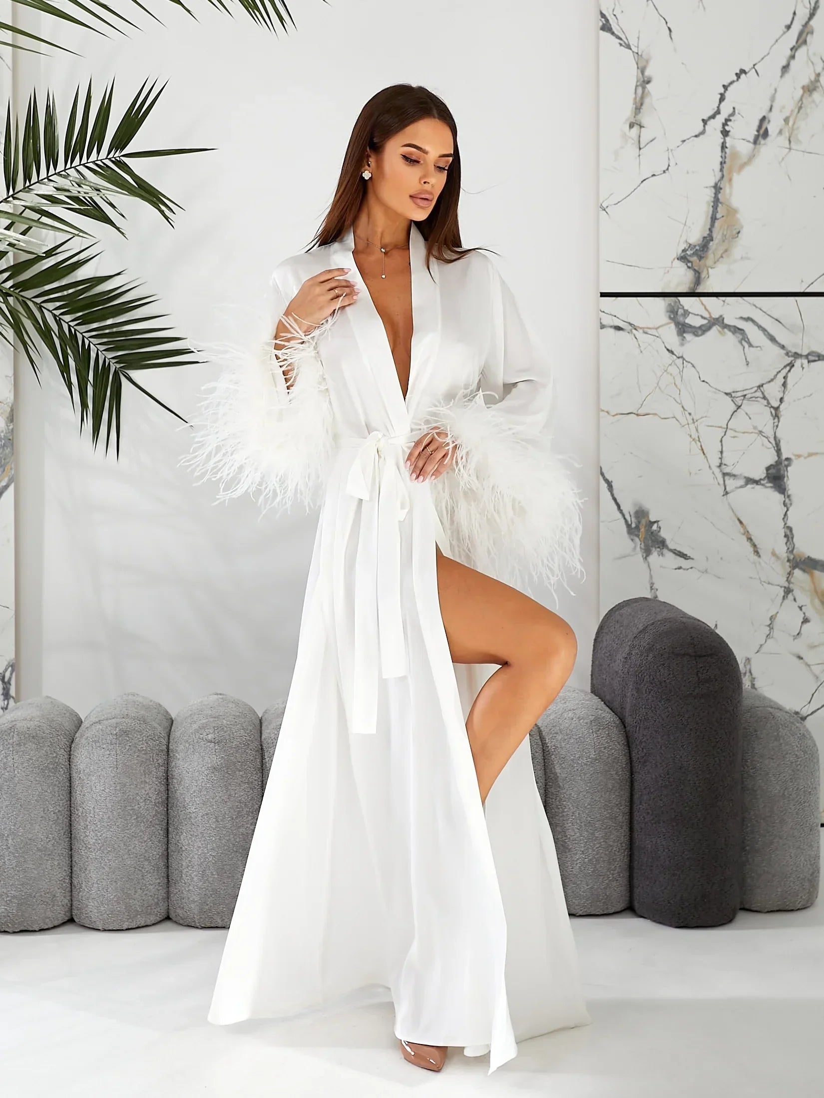 Bridal Feather Robes with Ostrich Trim
