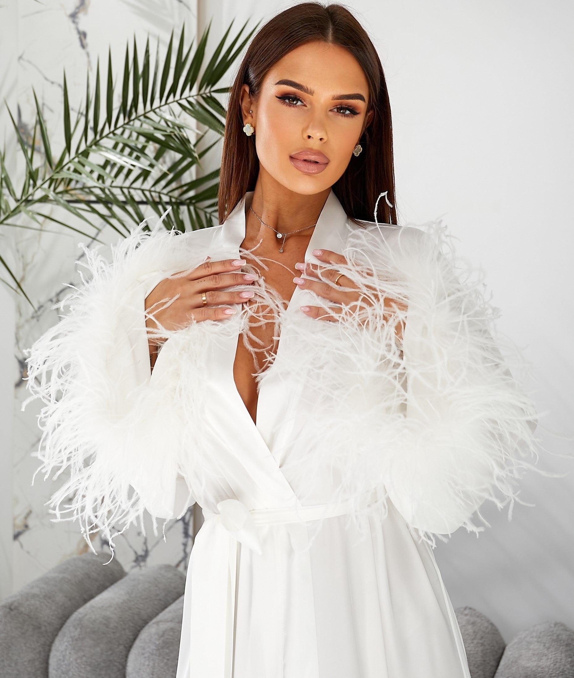 bridal robes, wedding morning robe, wedding gown, bridesmaid gift, long bridal feather robe Woman wearing a white feathered outfit with a neutral background