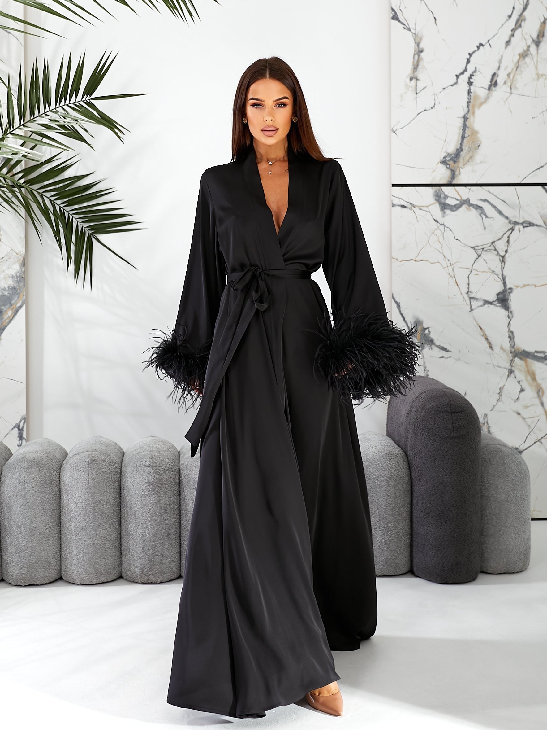 bridal robes, wedding morning robe, wedding gown, bridesmaid gift, long bridal feather robe   Woman wearing a black dress with feathered sleeves in an indoor setting.