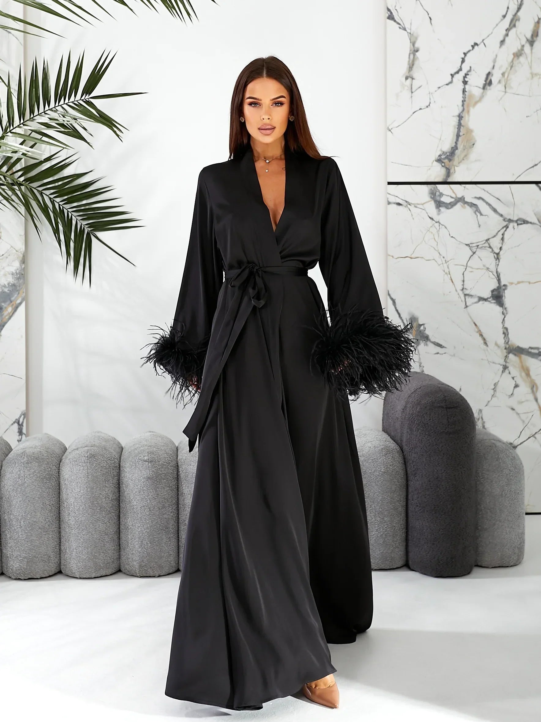 Black Robe Back Luxury Black Bridal Robe with Ostrich Feathers – feerielingerie