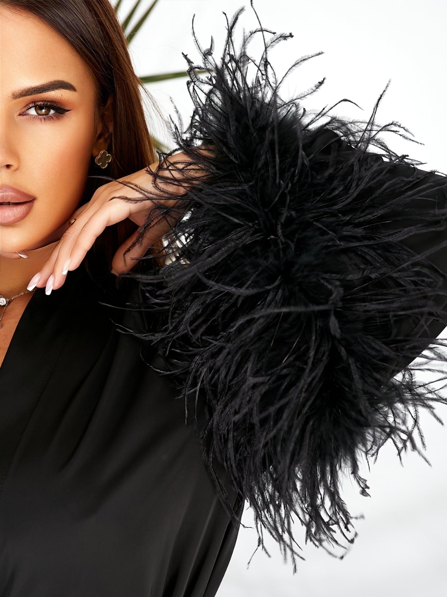 bridal robes, wedding morning robe, wedding gown, bridesmaid gift, long bridal feather robe   Woman holding a black feathered clutch against a white background