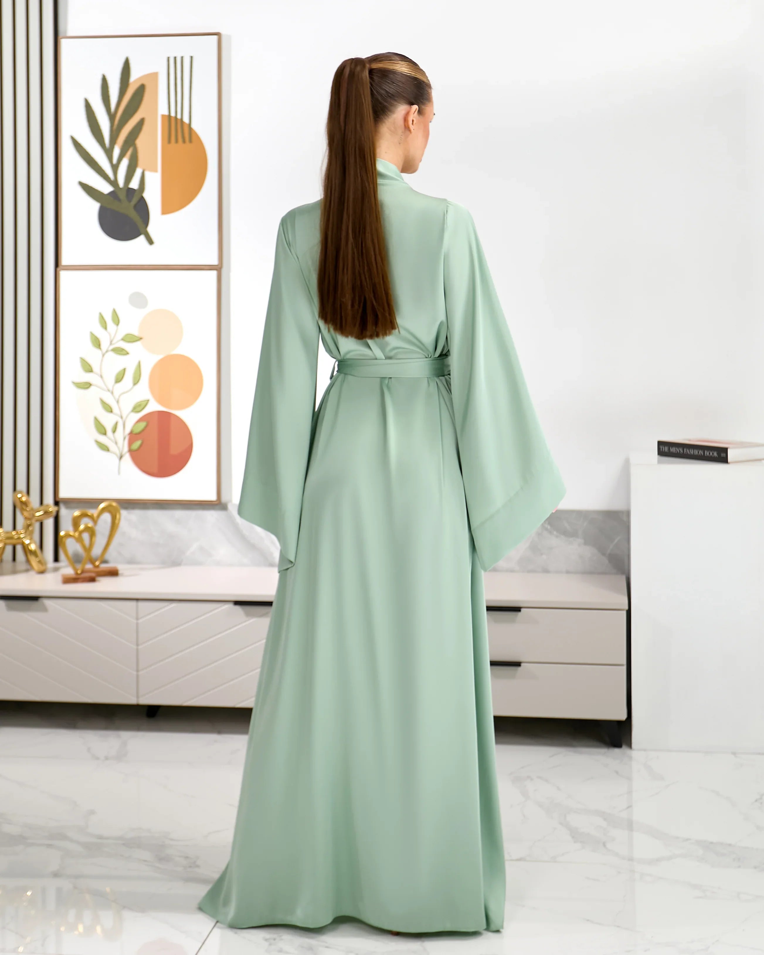 Sage Green Bridesmaid Robe - Long Silk Satin Kimono Wrap