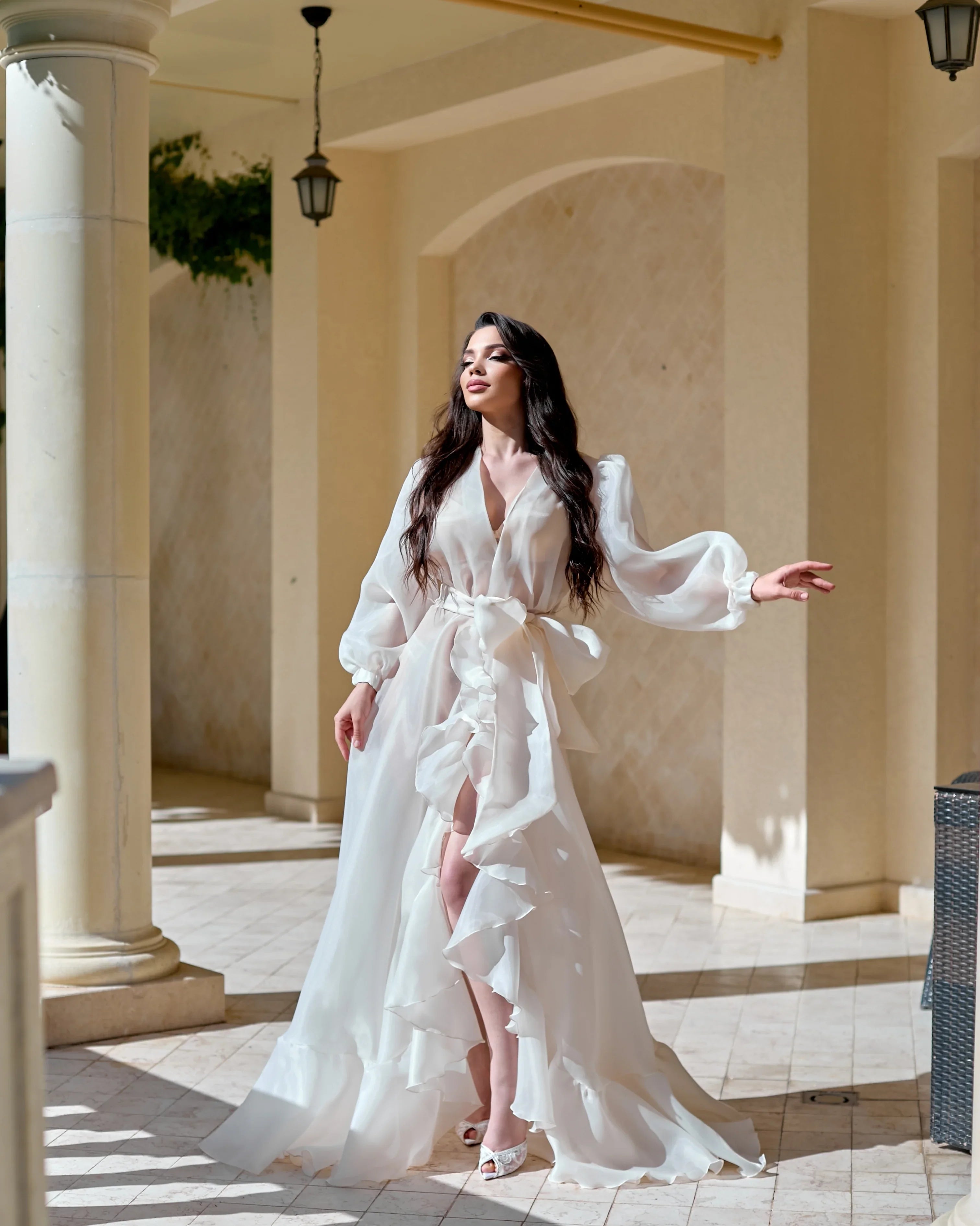 Sheer Organza Bridal Robe – White Ruffle Wedding Dressing Gown with Puff Sleeves