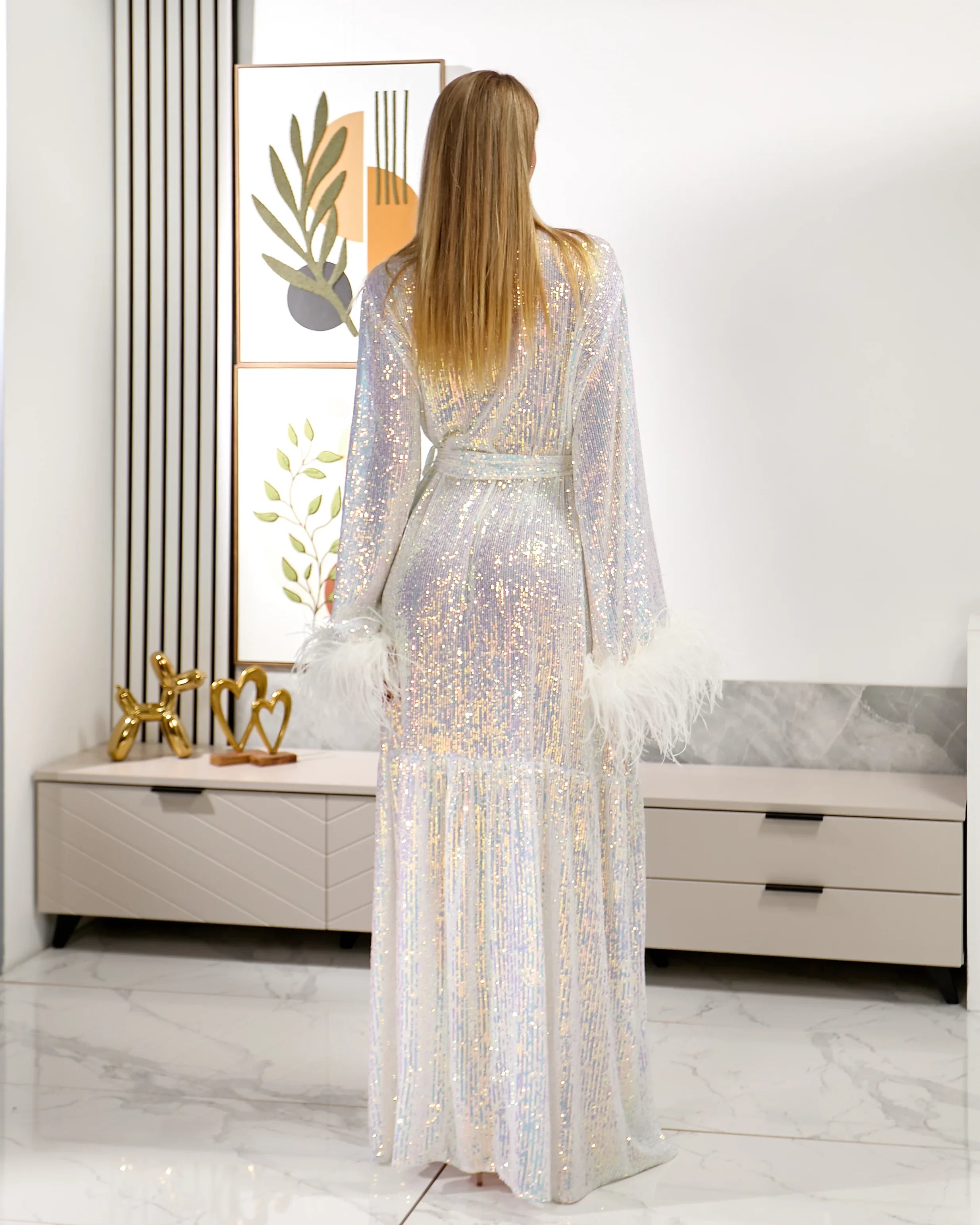 Long Sequin Bridal Robe - Iridescent Wedding Feather Sleeve Kimono