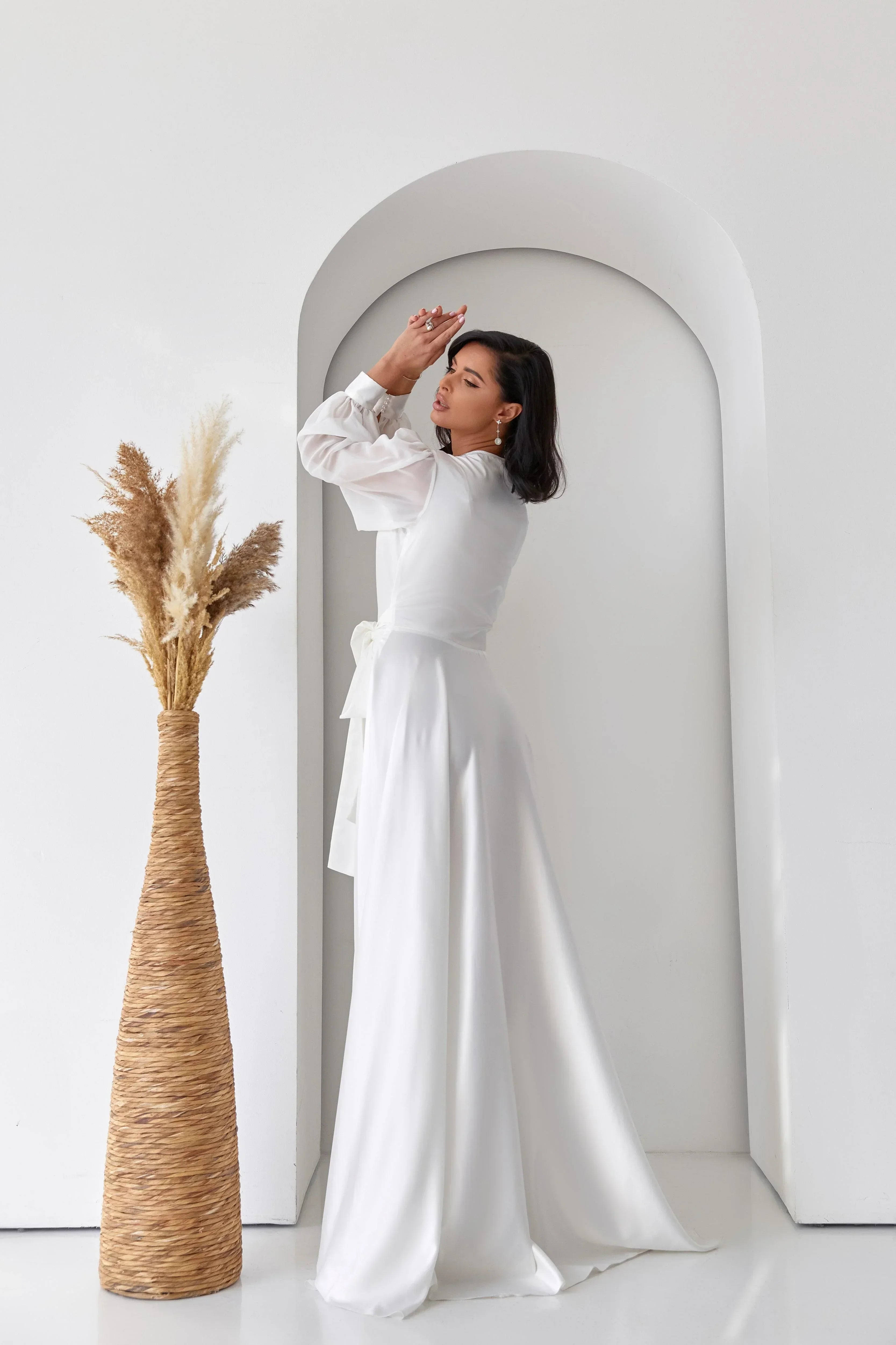white silk bride dressing gown Sullivan Satin Bridal Robe With Lace - Ivory