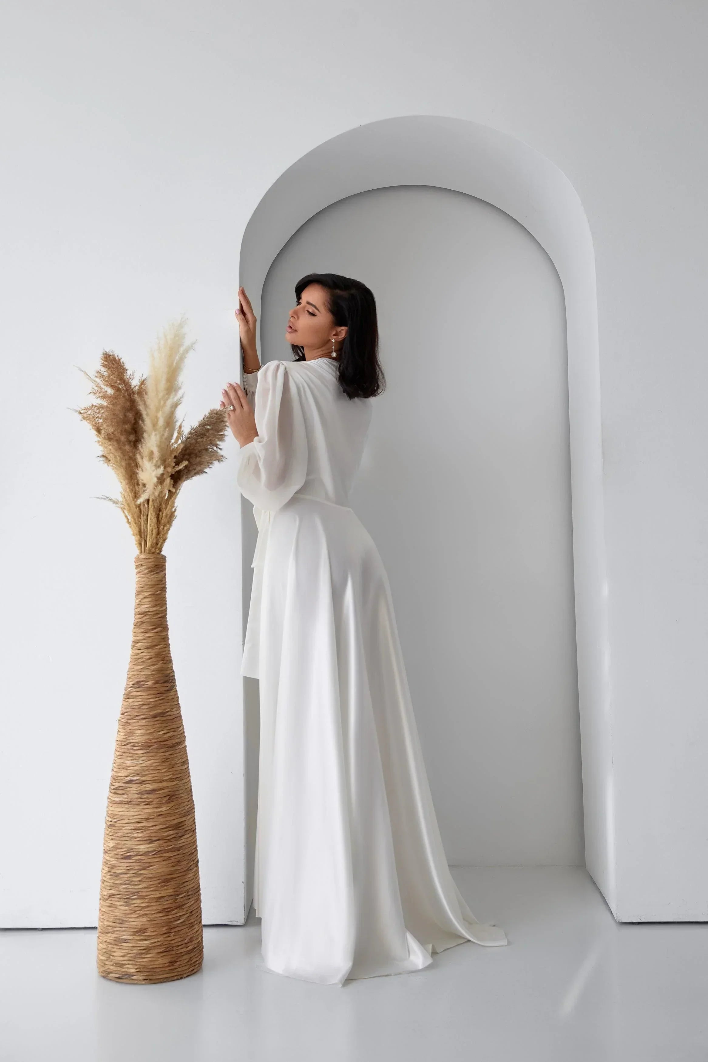 white silk bride dressing gown Sullivan Satin Bridal Robe With Lace - Ivory