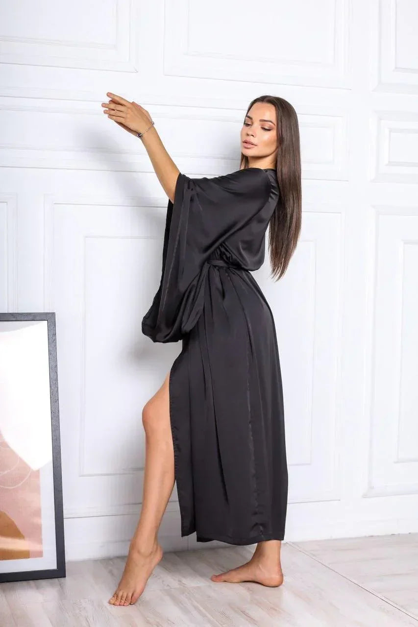 black silk dressing gown womens Black Long Dressing Gown Kimono Robe Long Lace Bridal Robe Long Robes for Women Maxi Robe Ankle Length Black Sexy Satin Robe